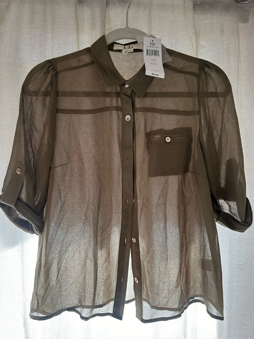 NWT: Lola Sheer Olive Green Button-Front Shirt Jacket size S